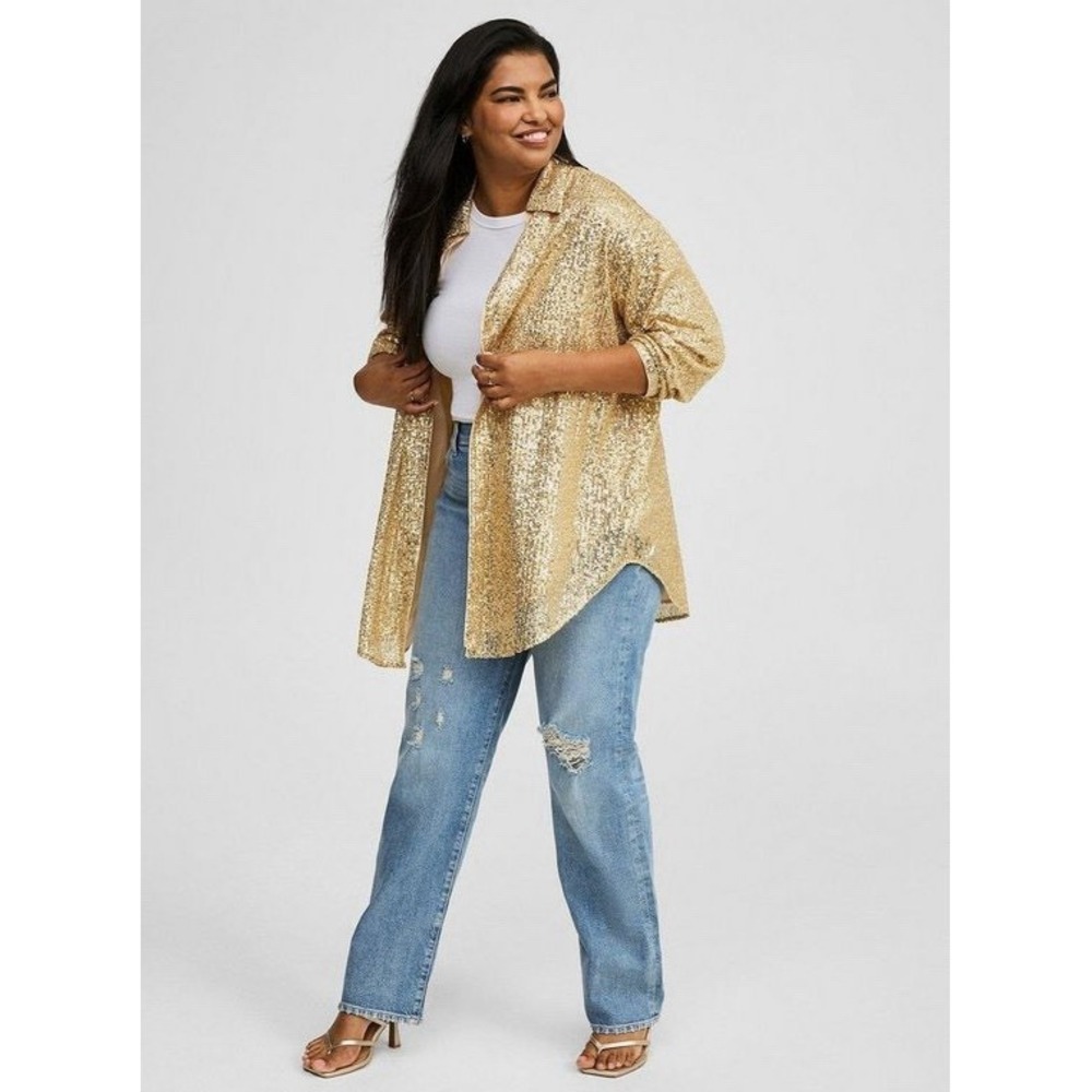 Torrid Sequin Shirt Kimono 3X Gold Holiday Party Office Glam Christmas Duster